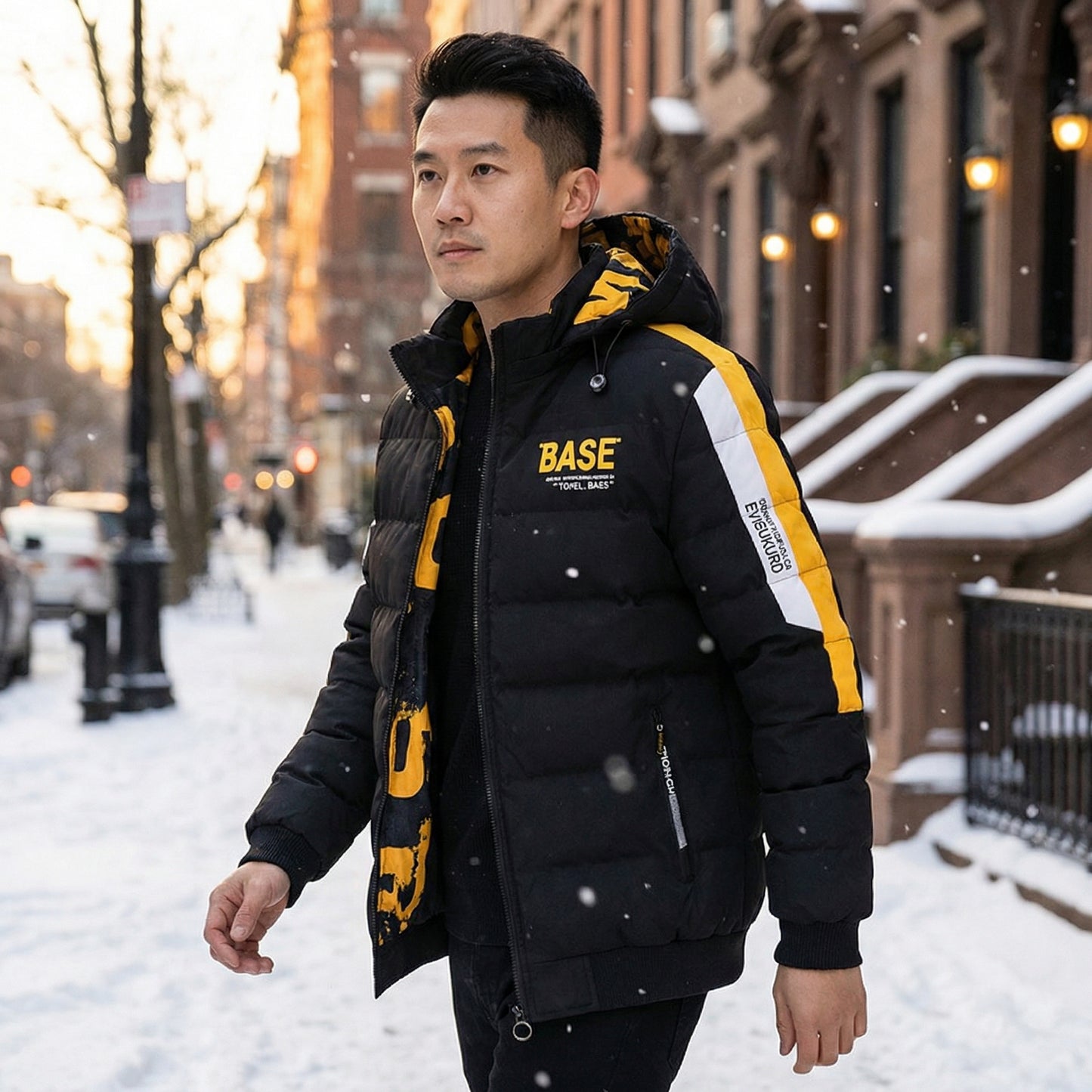Man wearing a black and yellow puffer jacket with 'BASE' branding in a snowy urban setting.