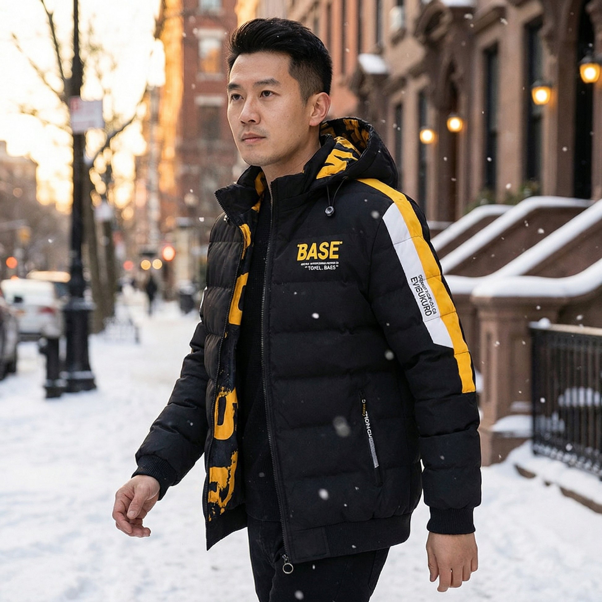 Man wearing a black and yellow puffer jacket with 'BASE' branding in a snowy urban setting.