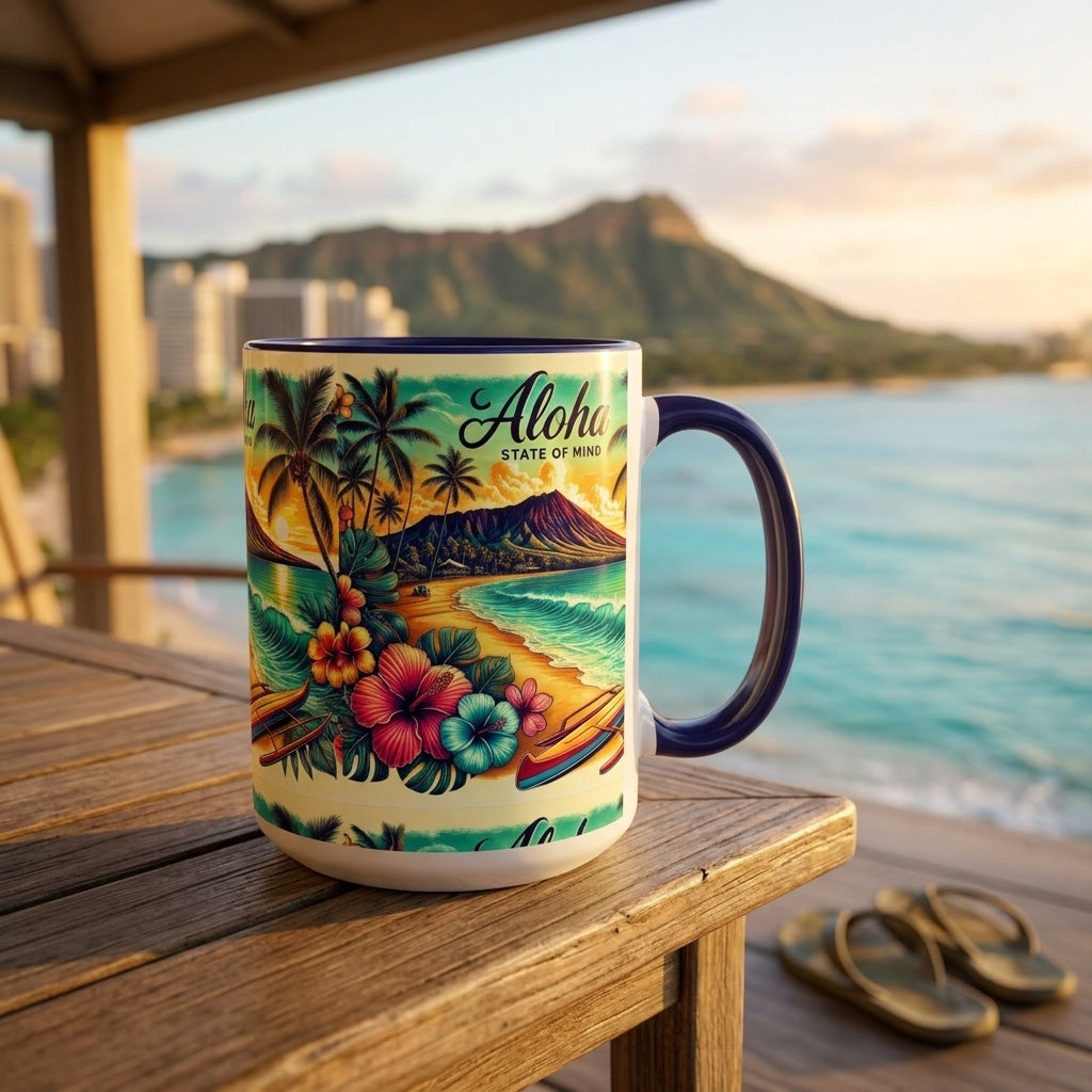 A ceramic mug with a colorful Hawaii-themed illustration sits on a wooden table in front of a beachside patio with Waikiki Beach and Diamond Head Mountain in the background.