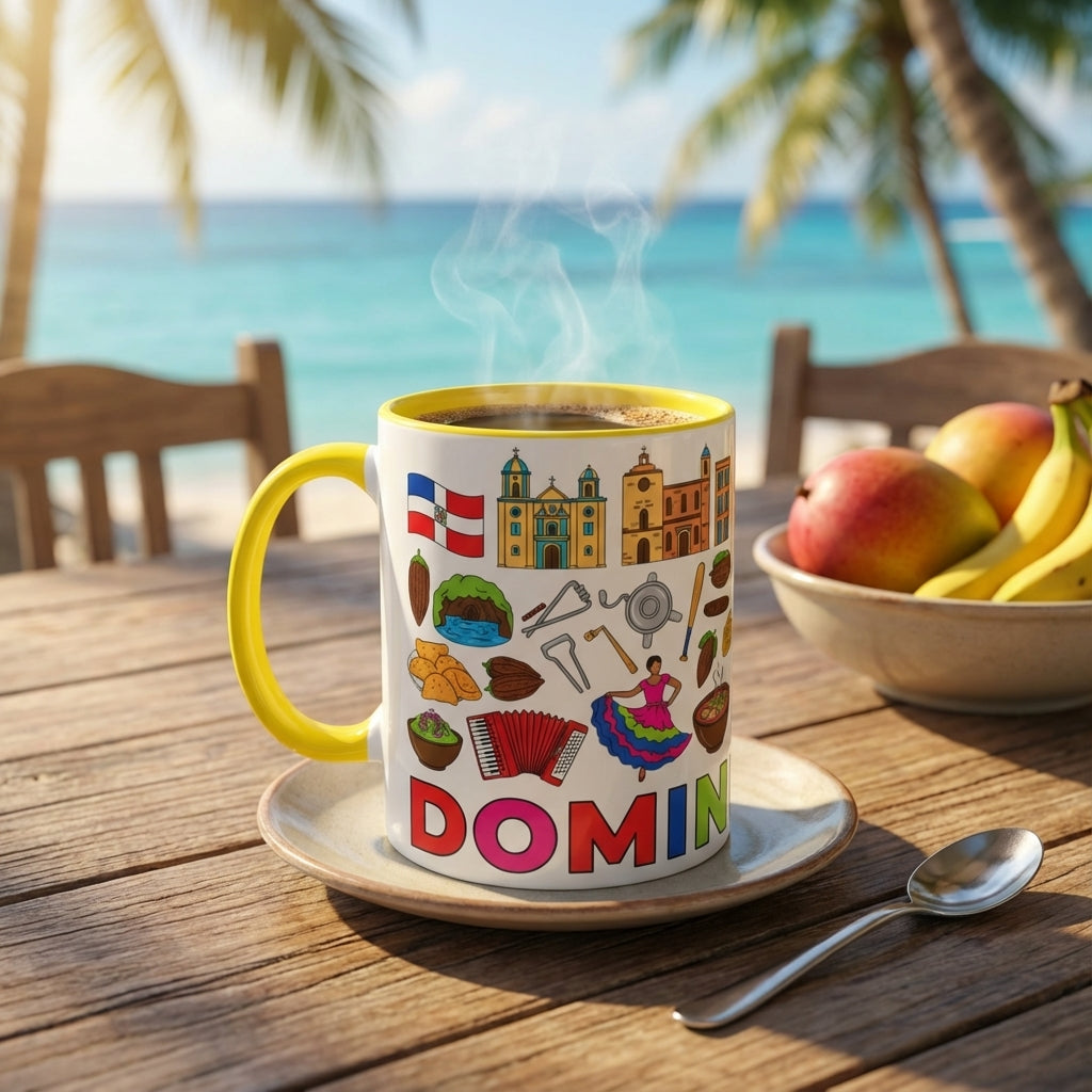 Colorful mug with Dominican icons on a wooden table by the ocean