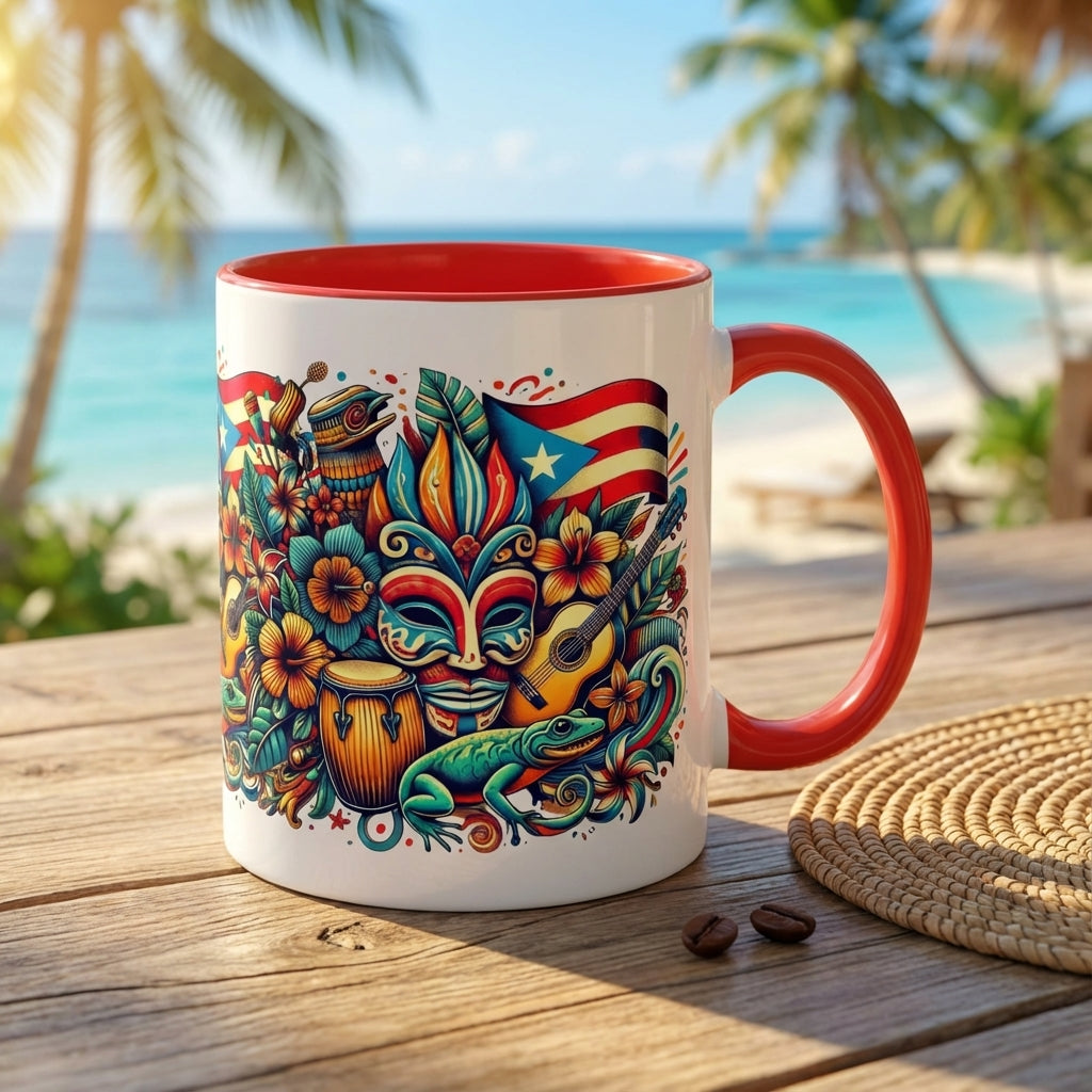 Colorful mug with a tropical design on a wooden table by the beach