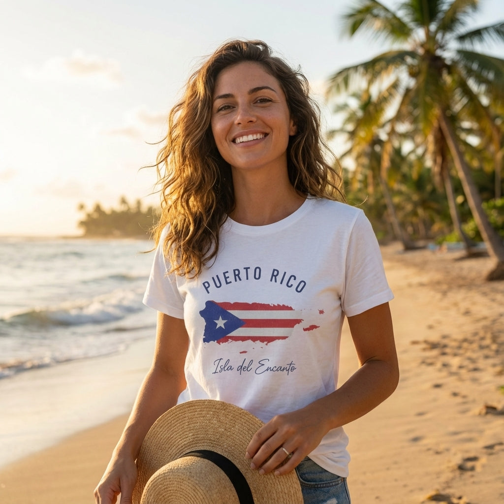 Woman on a beach wearing a 'Puerto Rico' t-shirt with a flag design.