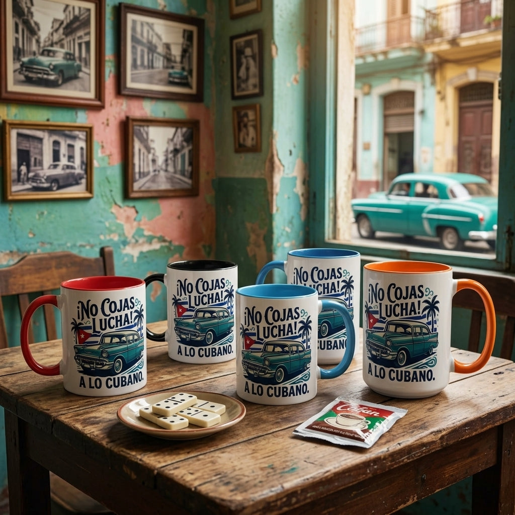 Colorful mugs with Cuban-themed designs on a rustic wooden table in a vibrant, vintage-style room.