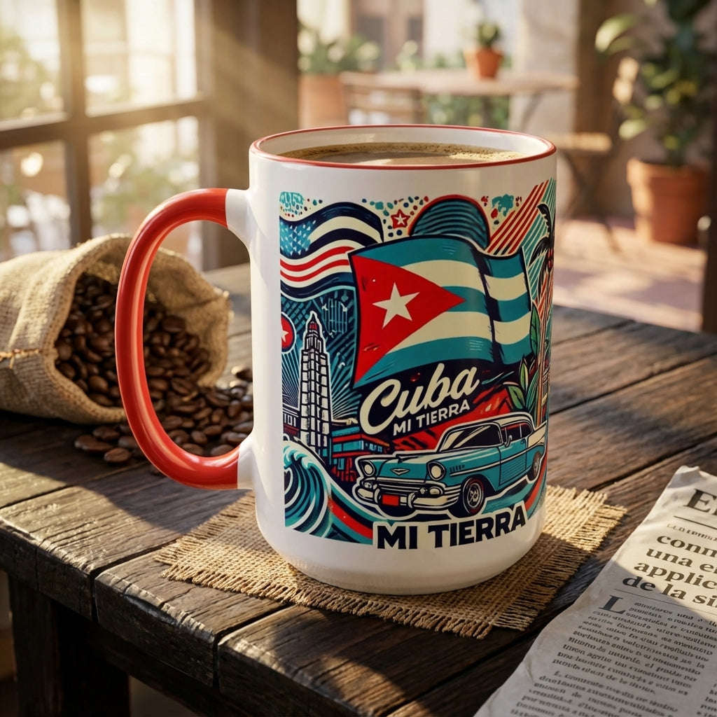 Mug with Cuban design on a wooden table with coffee beans and newspaper