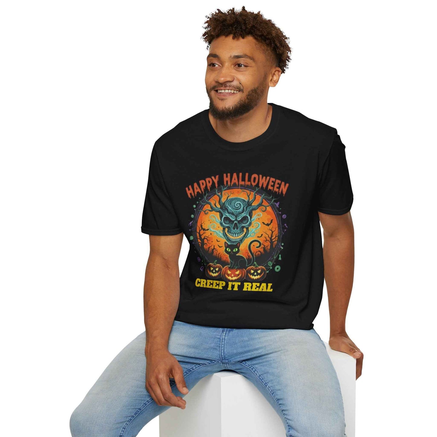 Halloween Skull T-Shirt | Black Cat & Pumpkins | Creep It Real Tee