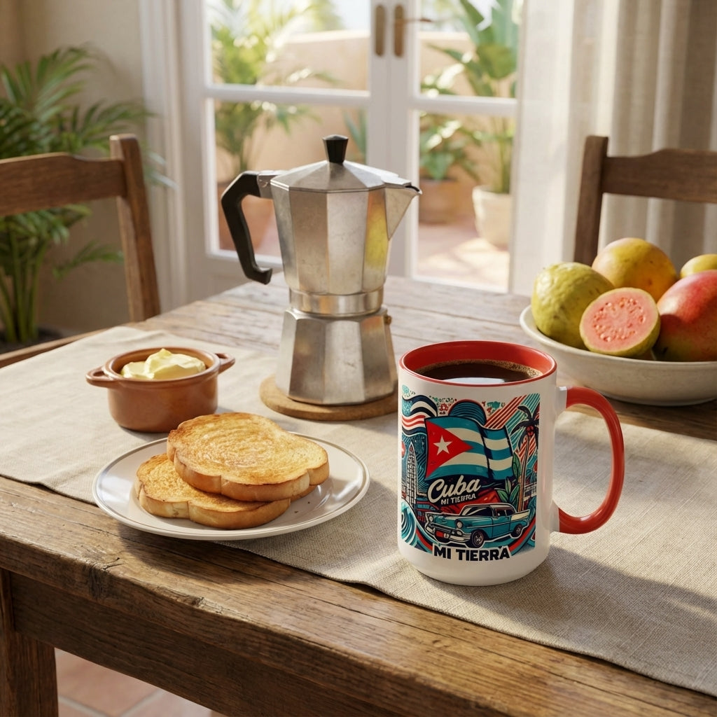 Café con leche in a Cuba-themed mug on a table with toast and a coffee maker.