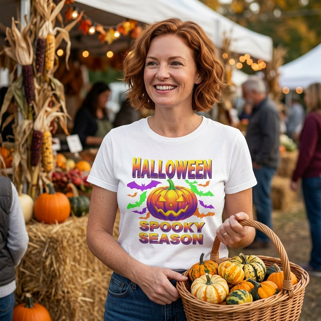 A smiling woman at an outdoor autumn market wears a white graphic T-shirt that reads 'HALLOWEEN SPOOKY SEASON' with a jack-o'-lantern and colorful bats. She holds a wicker basket of pumpkins and gourds in front of market stalls with corn and fall decorations.