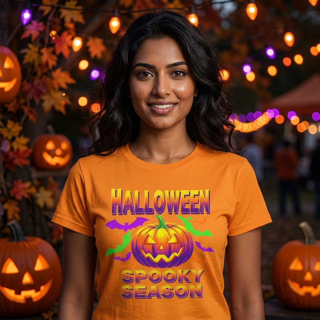 Retro Halloween T-Shirt | Neon Pumpkin & Bats 'Spooky Season' Tee | 80s/90s Style
