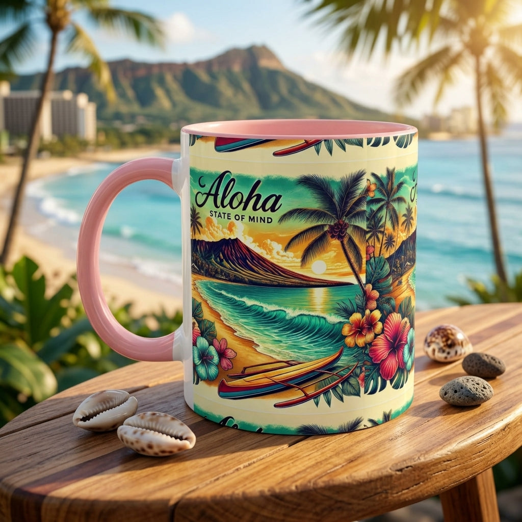 A ceramic mug with a pink handle and rim, featuring a colorful tropical Hawaii beach illustration with the text 'Aloha State of Mind', displayed on a wooden table with seashells in front of a blurred beach and mountain background.