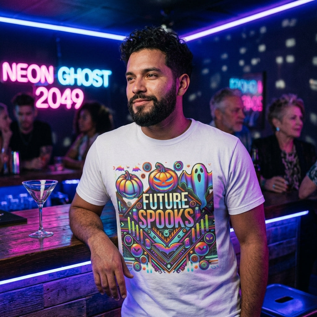 A man wearing a white graphic t-shirt with a colorful 'FUTURE SPOOKS' design stands in a neon-lit bar environment.