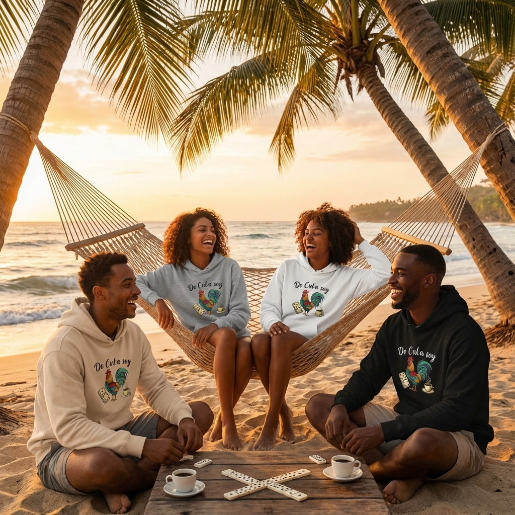 Four people sitting on a hammock by the beach with palm trees and sunset in the background.
