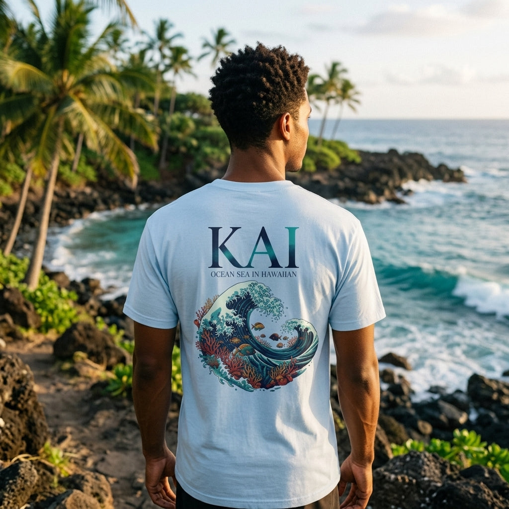 A man stands on a rocky tropical beach with palm trees and ocean waves in the background, viewed from behind. He is wearing a white graphic T-shirt with the text 'KAI' and 'OCEAN SKIES HARBOR' above a detailed multicolor wave illustration featuring a turtle.