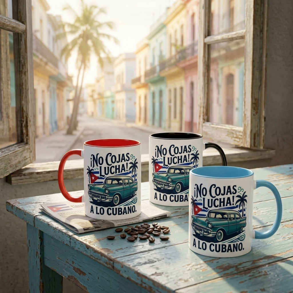 Three mugs with a Cuban-themed design on a table with a window view of a colorful street.