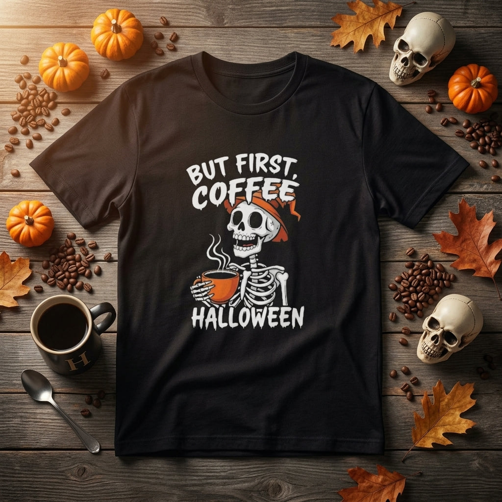 A black graphic t-shirt laid flat on a rustic wooden surface, surrounded by Halloween-themed props including pumpkins, coffee beans, a mug, a spoon, autumn leaves, and skull decorations. The t-shirt features a white skeleton graphic holding an orange coffee cup with the text 'BUT FIRST.