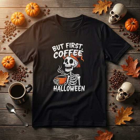 A black graphic t-shirt laid flat on a rustic wooden surface, surrounded by Halloween-themed props including pumpkins, coffee beans, a mug, a spoon, autumn leaves, and skull decorations. The t-shirt features a white skeleton graphic holding an orange coffee cup with the text 'BUT FIRST.