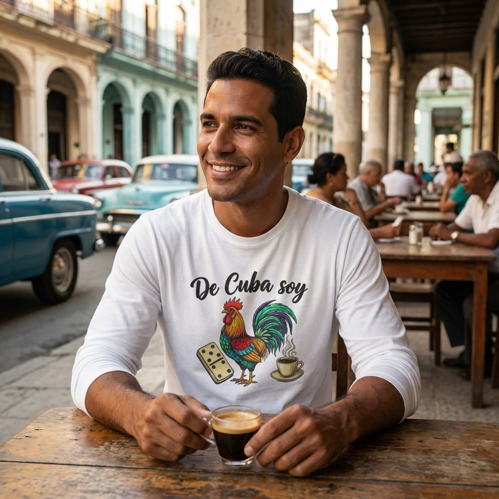 Man sitting at an outdoor cafe in a historic setting, wearing a white t-shirt with a rooster design and text.
