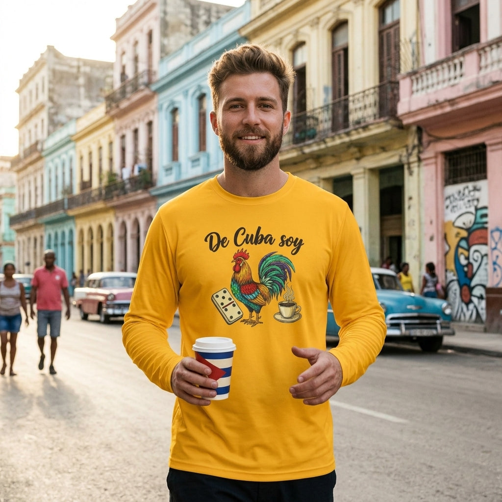 De Cuba Soy Long Sleeve Tee - Cuban Cultural Long Sleeve Tee with Rooster, Domino, and Coffee Design