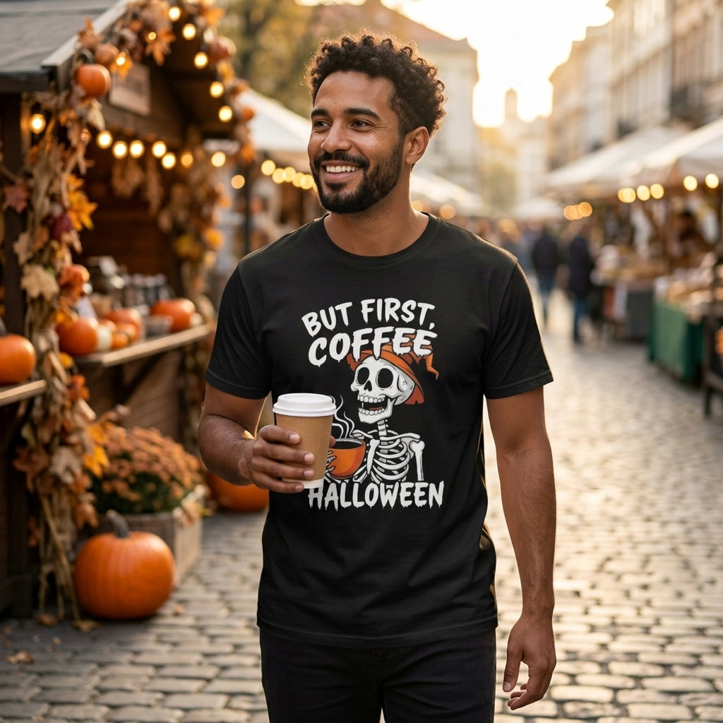 Halloween Skeleton Coffee T-Shirt | Funny Skull But First Coffee Graphic Tee