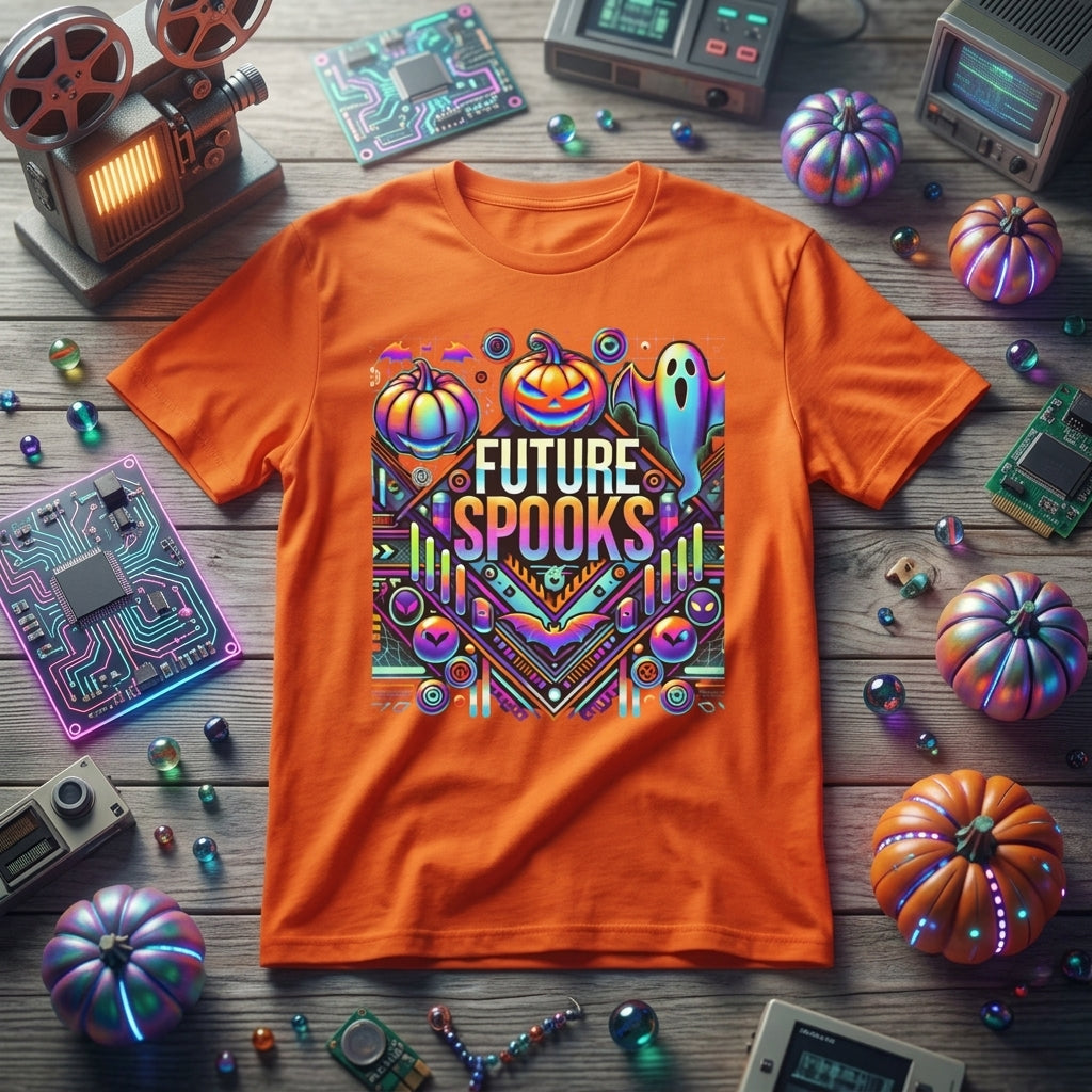 An orange short-sleeve graphic T-shirt laid flat on a rustic wooden surface, surrounded by Halloween-themed props including miniature pumpkins, circuit boards, retro TVs, and beads. The shirt features a colorful retro-style graphic with pumpkins, a ghost, and the text 'FUTURE SPOOKS'.