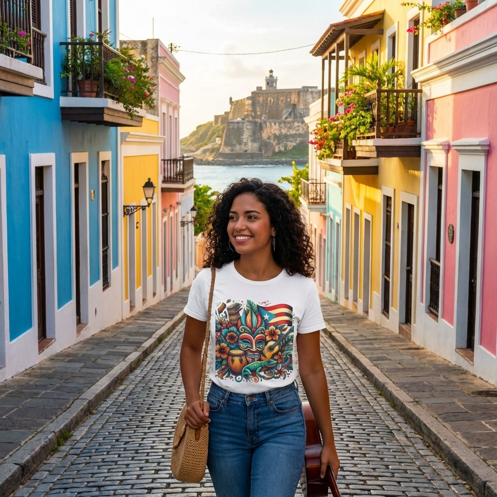 Woman walking down a colorful street in a tropical location