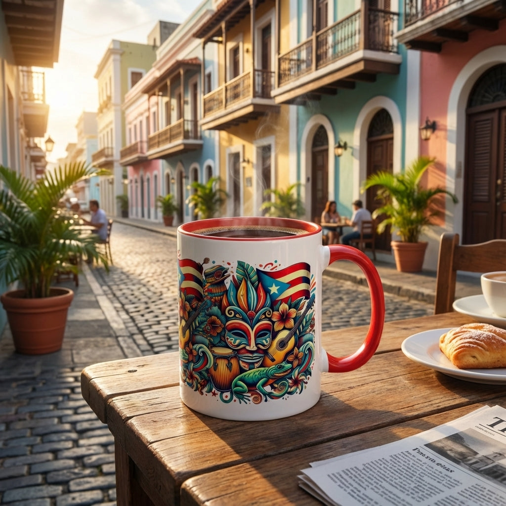 Colorful mug with a design on a table in a sunlit street with colorful buildings.