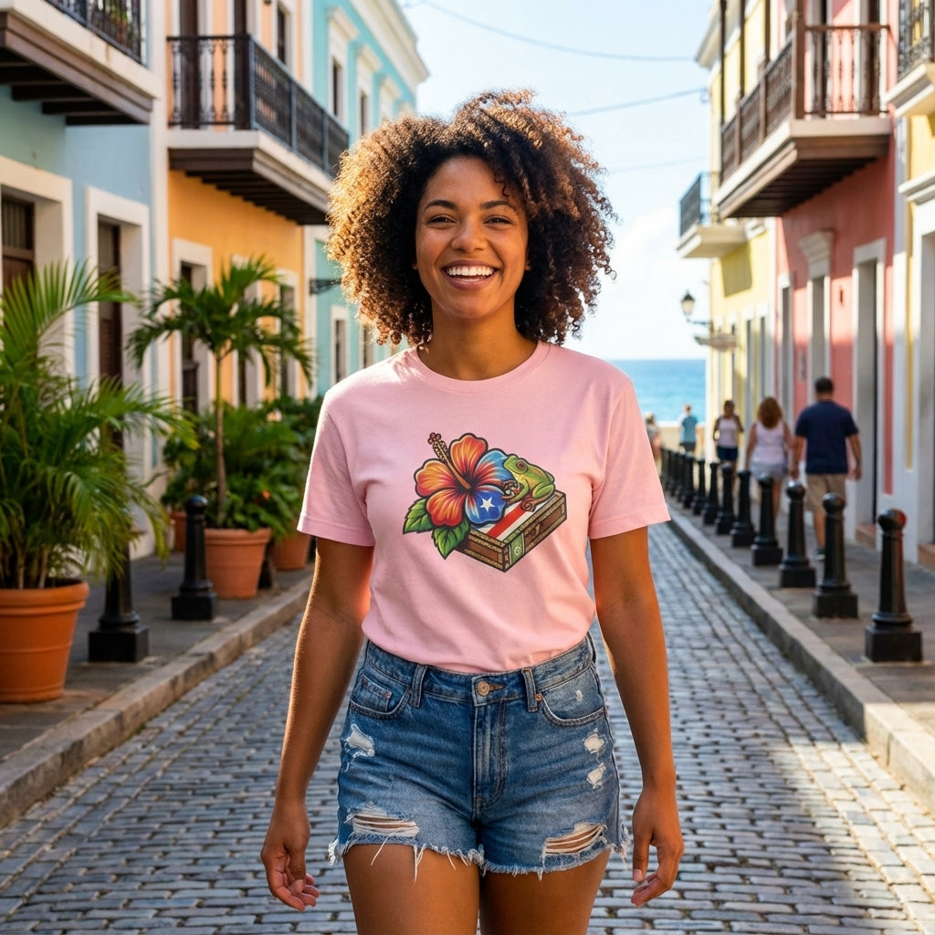 Woman wearing a pink t-shirt with a colorful graphic design on a street in a colorful town.