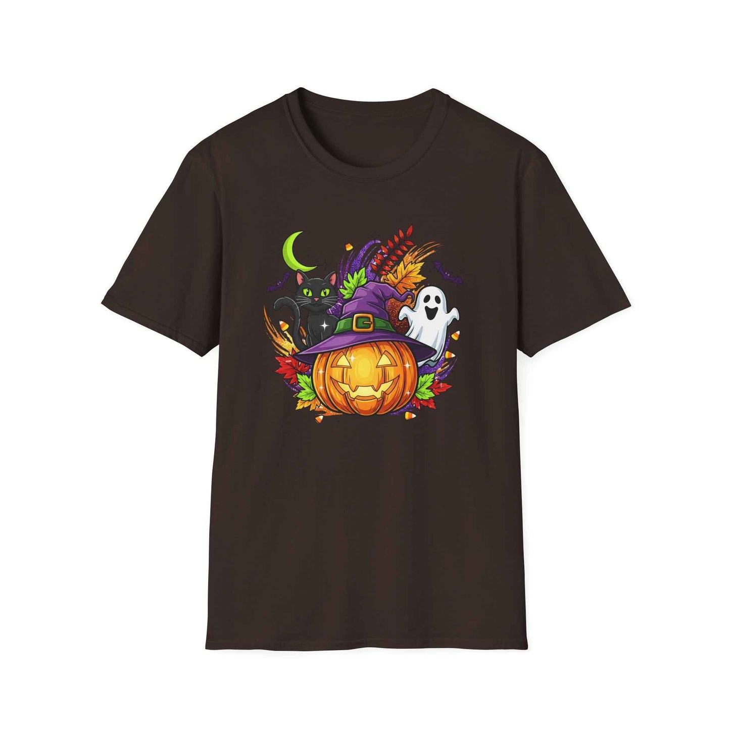 Halloween T-Shirt, Witch Hat Pumpkin, Black Cat and Ghost