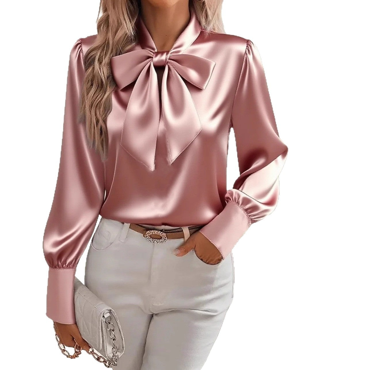 Women's Bow-tie Blouse - Fashion Lace-up Pullover Long Sleeve Commuter Top