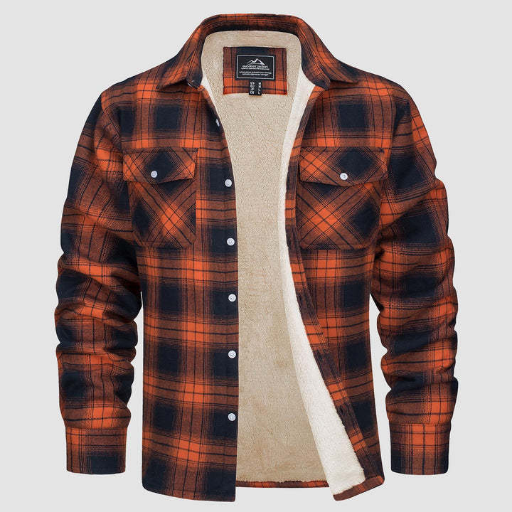 Men's Fleece-Lined Plaid Jacket - Long Sleeve Lapel Collar Winter Coat