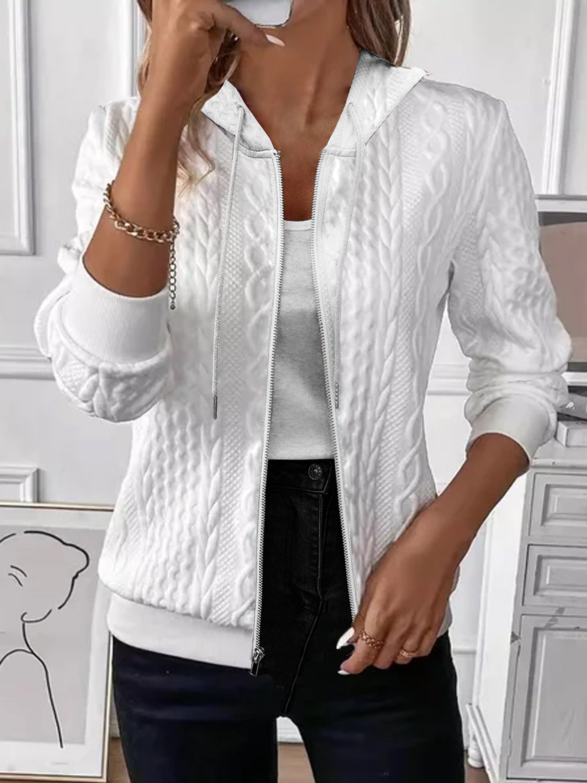 Women's Knitted Zipper Hoodie Coat - Long Sleeve Slim Fit Cardigan