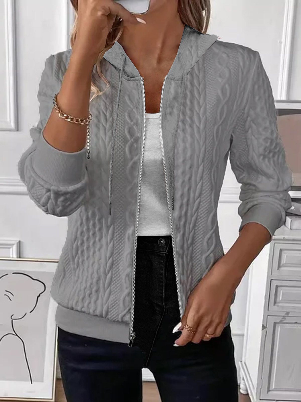 Women's Knitted Zipper Hoodie Coat - Long Sleeve Slim Fit Cardigan