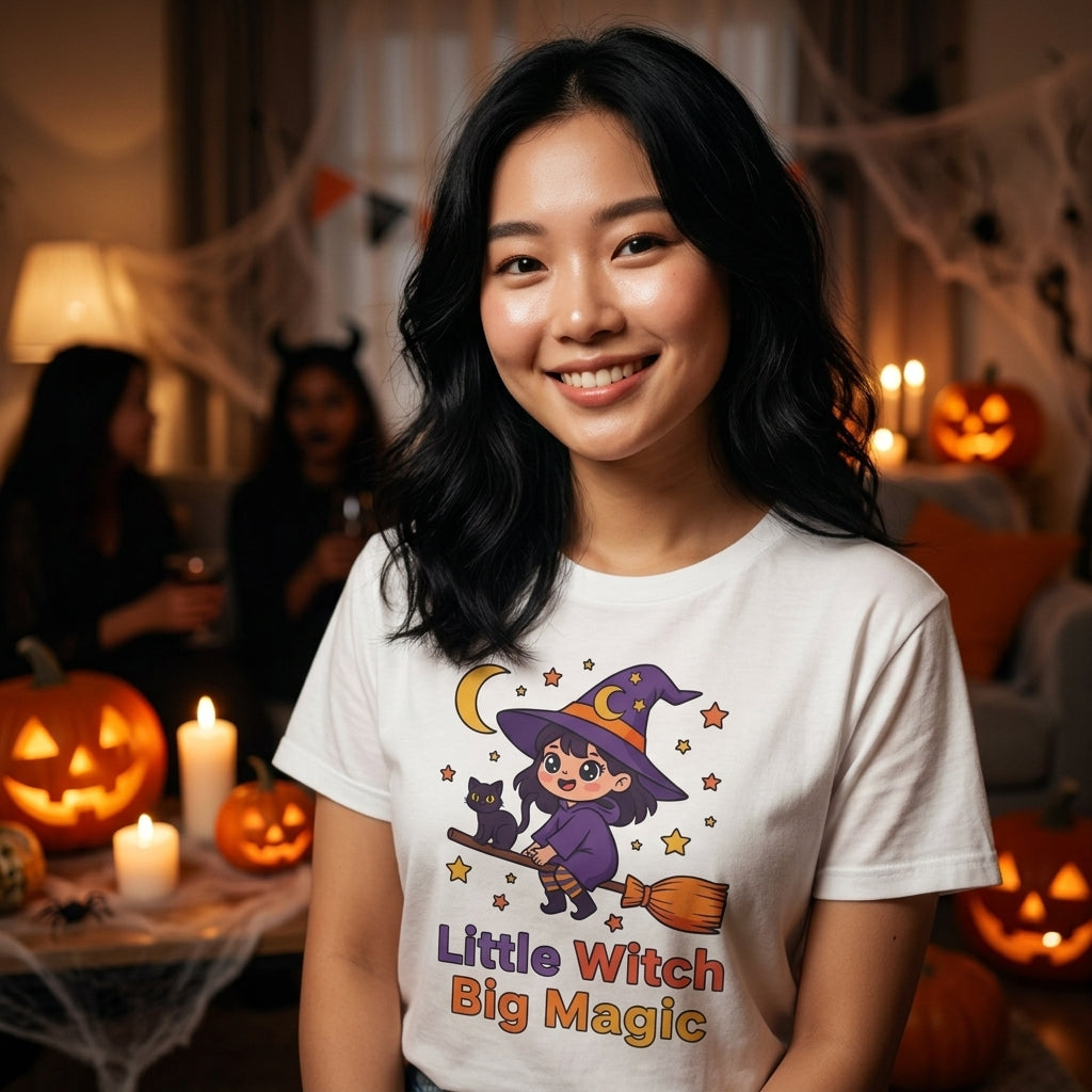 Little Witch Big Magic T-Shirt | Cute Witch Cat Halloween Graphic Tee