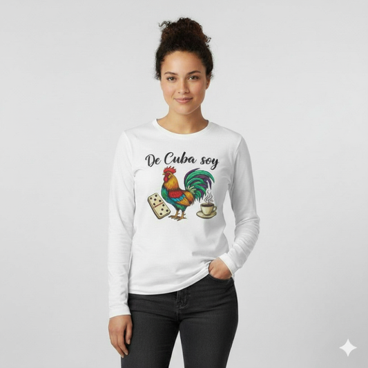 "De Cuba Soy" Long Sleeve Tee - Cuban Cultural Design with Rooster, Domino, and Coffee