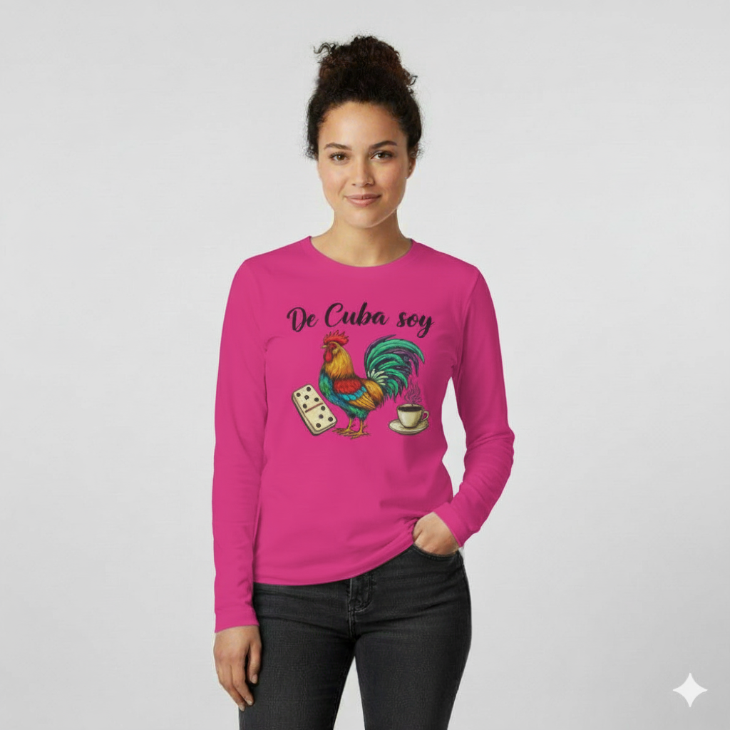 "De Cuba Soy" Long Sleeve Tee - Cuban Cultural Design with Rooster, Domino, and Coffee
