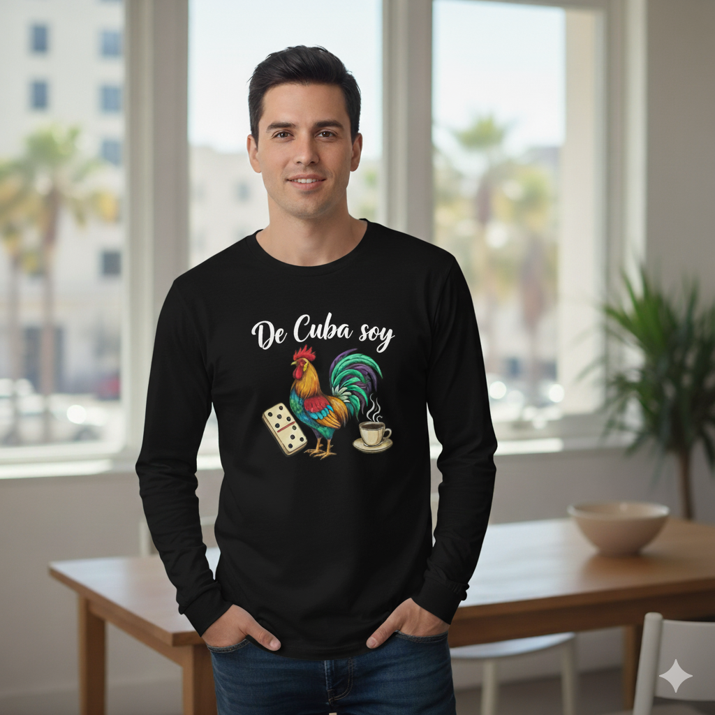 "De Cuba Soy" Long Sleeve Tee - Cuban Cultural Design with Rooster, Domino, and Coffee