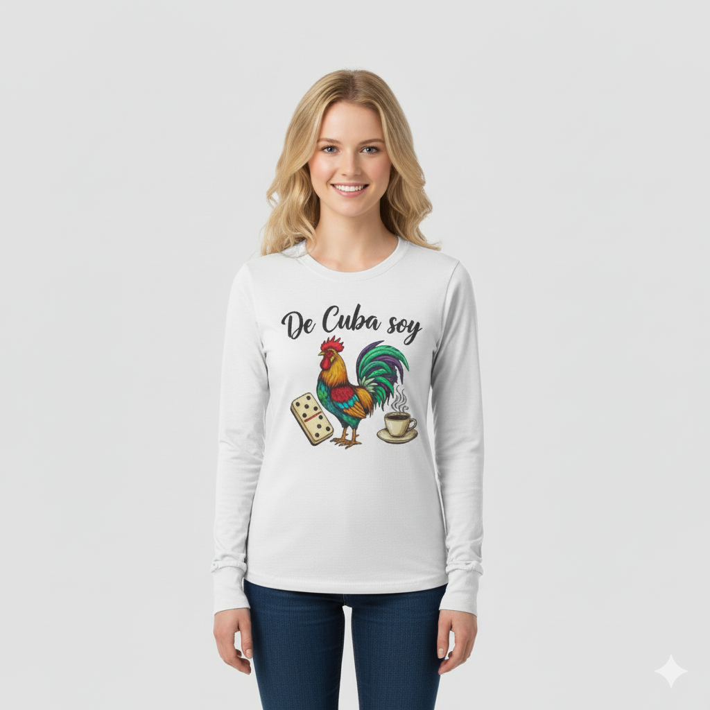 "De Cuba Soy" Long Sleeve Tee - Cuban Cultural Design with Rooster, Domino, and Coffee