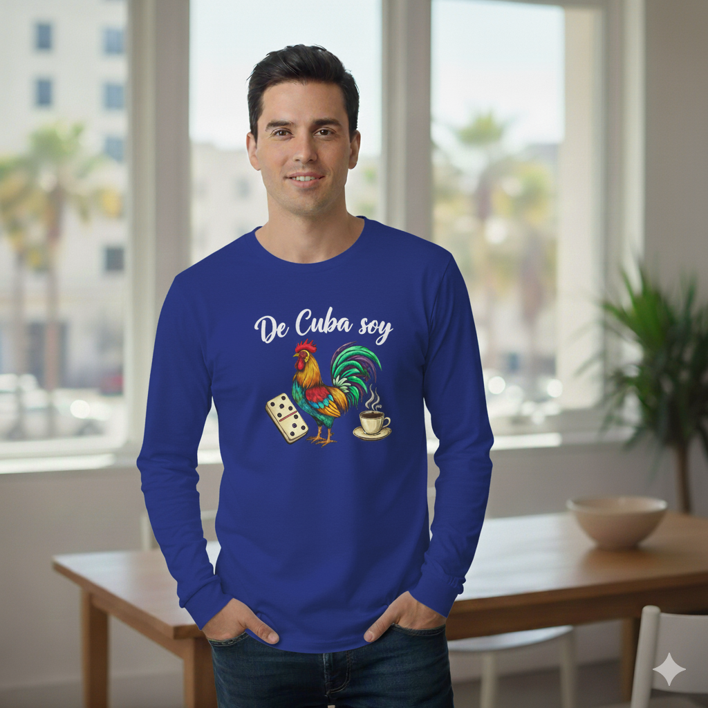 "De Cuba Soy" Long Sleeve Tee - Cuban Cultural Design with Rooster, Domino, and Coffee