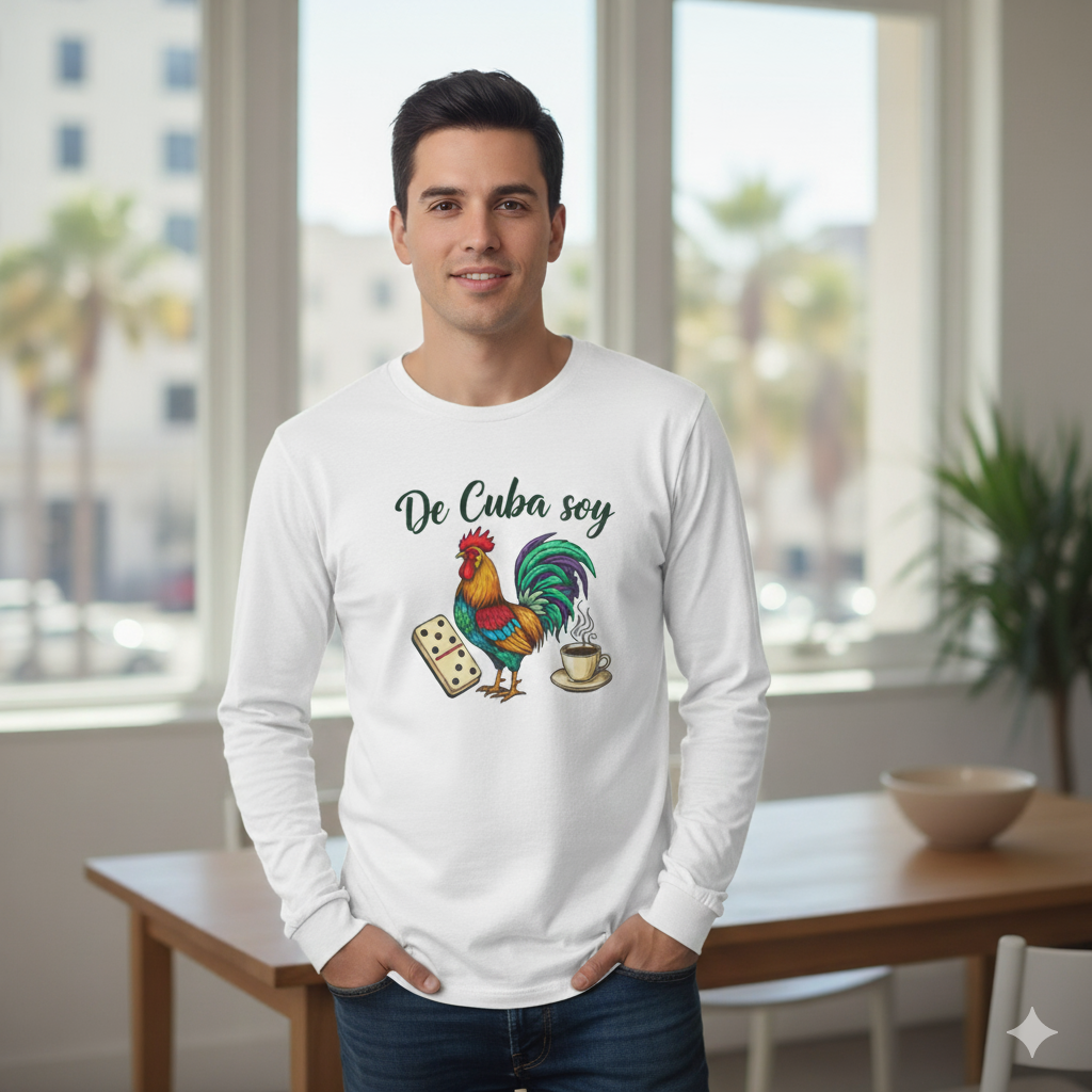 "De Cuba Soy" Long Sleeve Tee - Cuban Cultural Design with Rooster, Domino, and Coffee