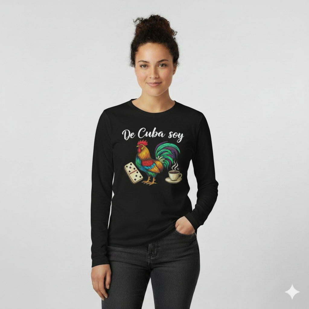 "De Cuba Soy" Long Sleeve Tee - Cuban Cultural Design with Rooster, Domino, and Coffee