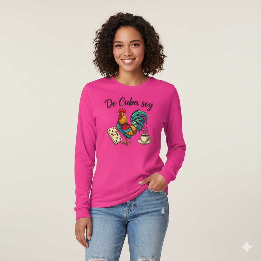 "De Cuba Soy" Long Sleeve Tee - Cuban Cultural Design with Rooster, Domino, and Coffee