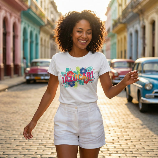 Azucar Tropical T-Shirt - Latin Salsa Sugar Typography Tee with Palm Design for Men & Women