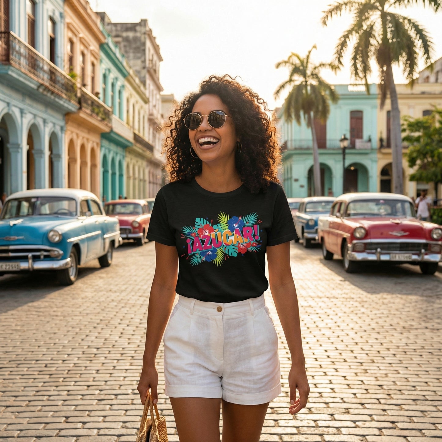Azucar Tropical T-Shirt - Latin Salsa Sugar Typography Tee with Palm Design for Men & Women