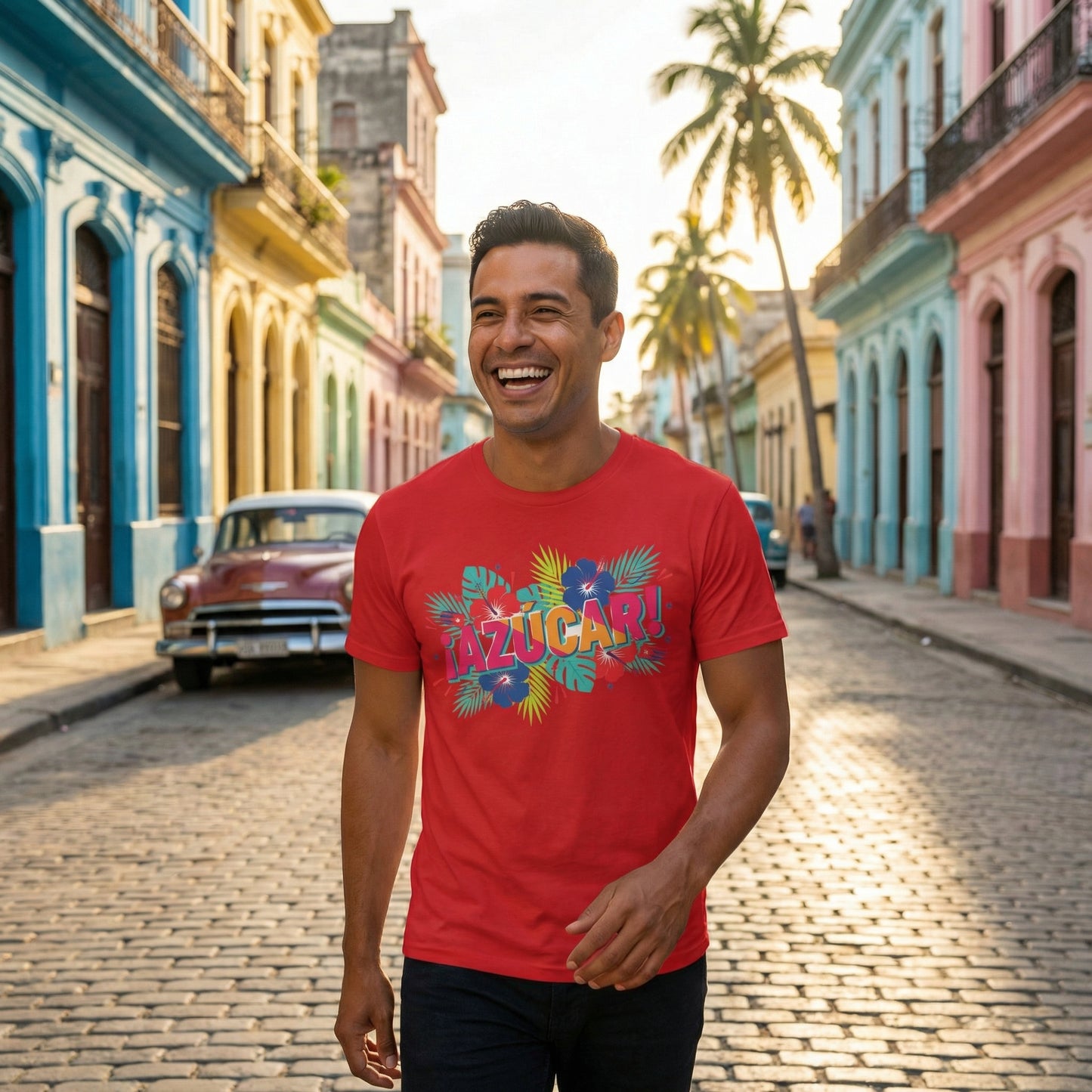 Azucar Tropical T-Shirt - Latin Salsa Sugar Typography Tee with Palm Design for Men & Women