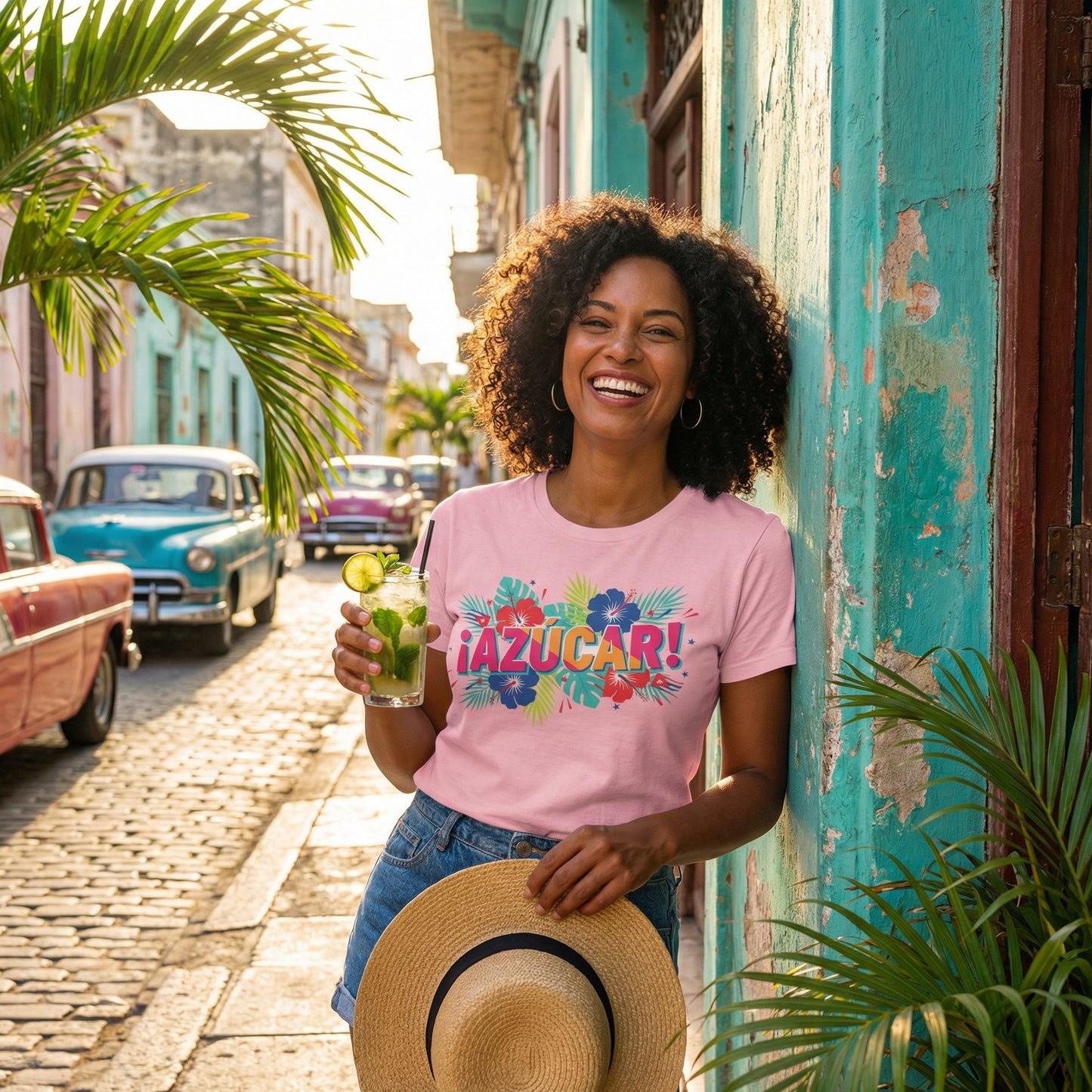 Azucar Tropical T-Shirt - Latin Salsa Sugar Typography Tee with Palm Design for Men & Women