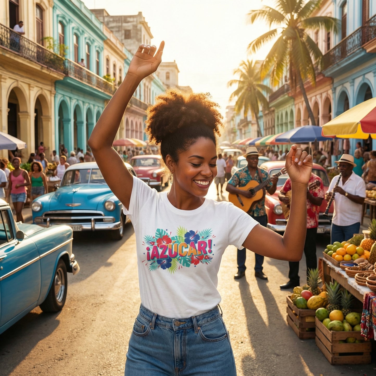 Azucar Tropical T-Shirt - Latin Salsa Sugar Typography Tee with Palm Design for Men & Women