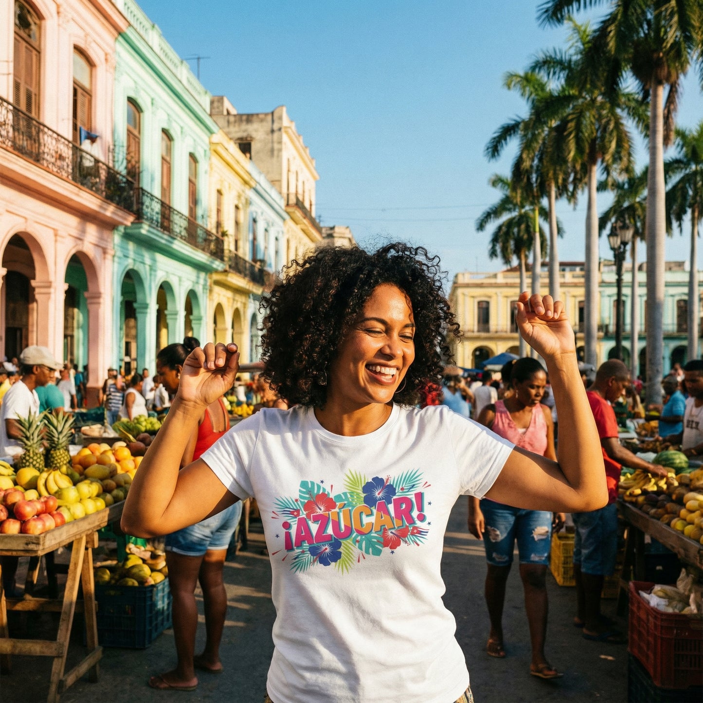 Azucar Tropical T-Shirt - Latin Salsa Sugar Typography Tee with Palm Design for Men & Women