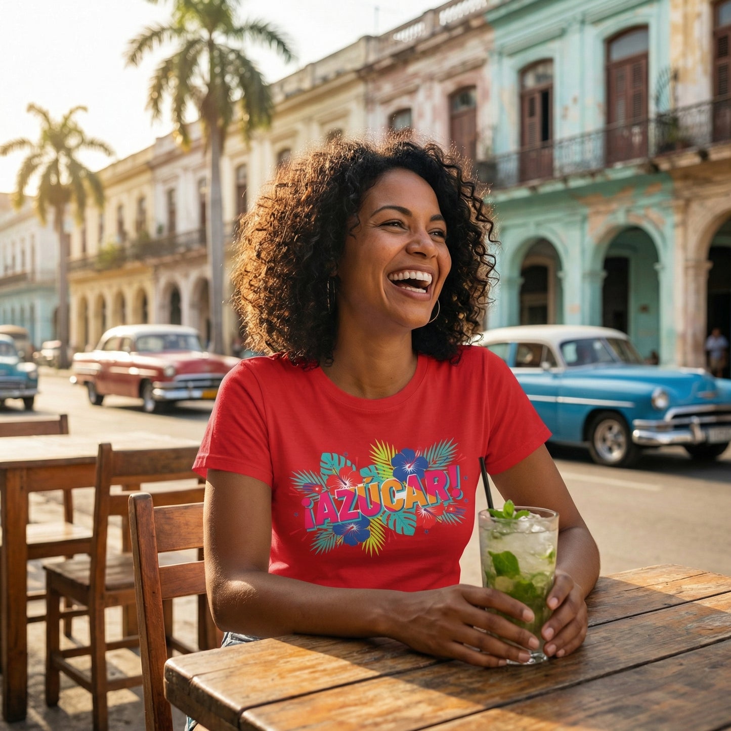Azucar Tropical T-Shirt - Latin Salsa Sugar Typography Tee with Palm Design for Men & Women