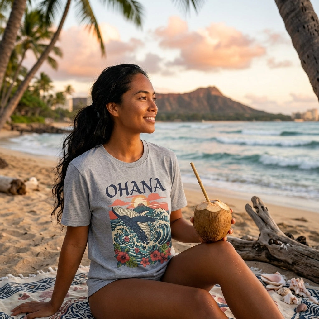 Ohana Whale Tee – Hawaiian Ocean Vintage Sunset T-Shirt