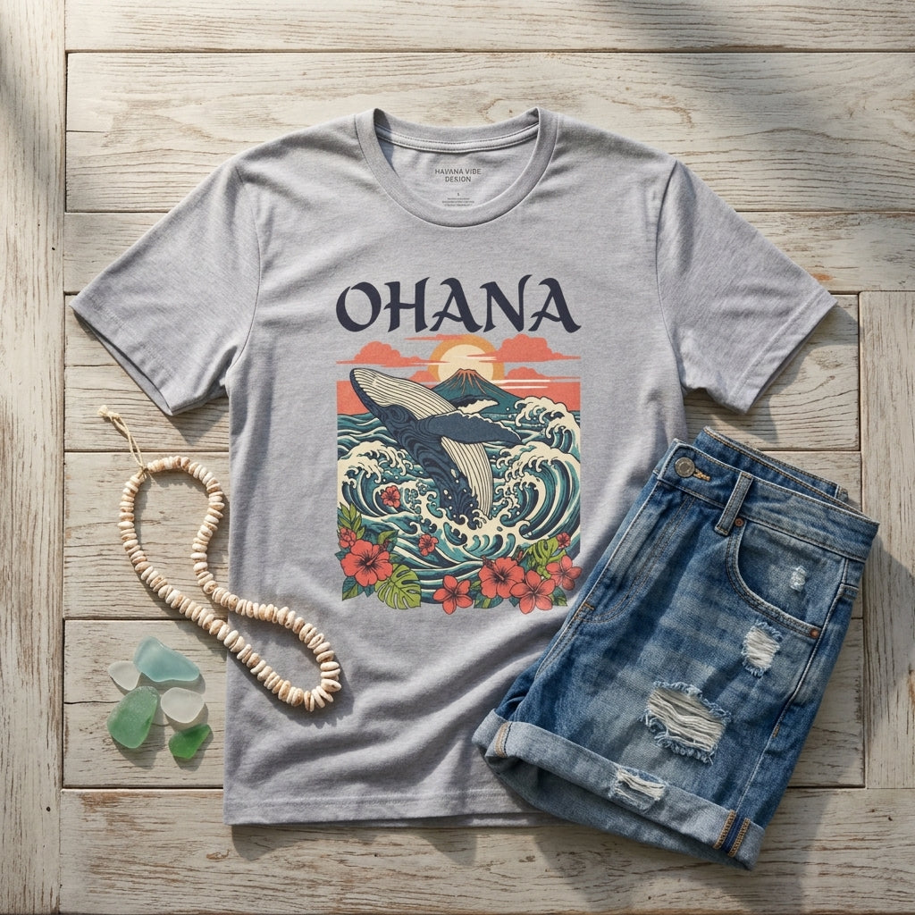 Ohana Whale Tee – Hawaiian Ocean Vintage Sunset T-Shirt