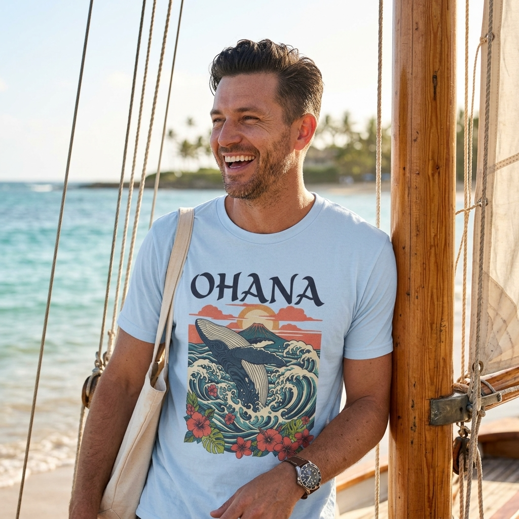 Ohana Whale Tee – Hawaiian Ocean Vintage Sunset T-Shirt